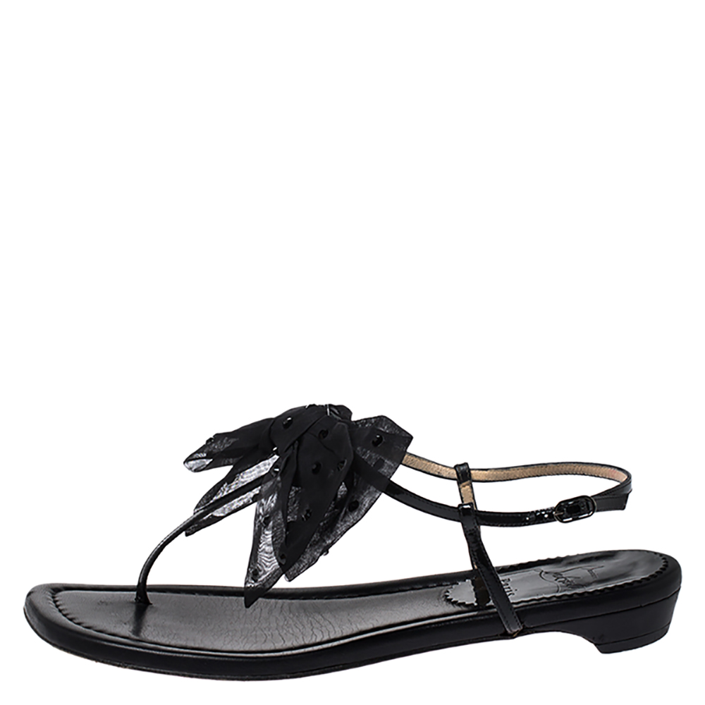 

Christian Louboutin Black Patent Leather And Crystal Embellished Organza Bow Vaudoo Flat Sandals Size