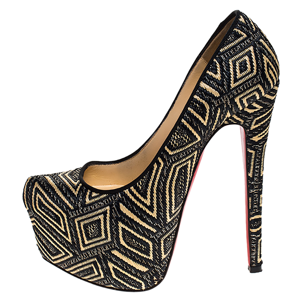 

Christian Louboutin Black/Beige Geometric Design Raffia Daffodile Pumps Size