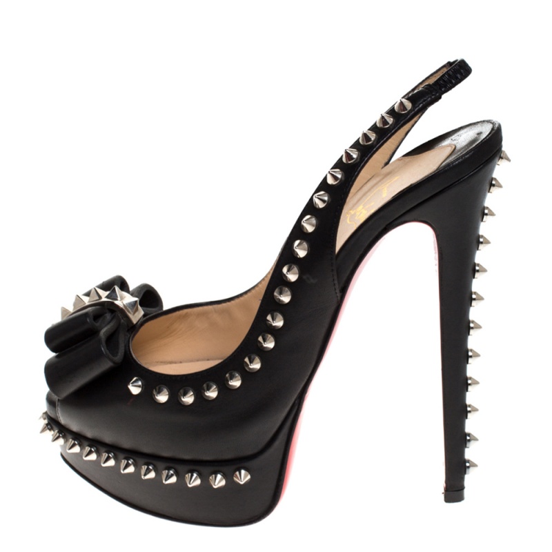 

Christian Louboutin Black Spike Leather Lady Clou Platform Slingback Sandals Size