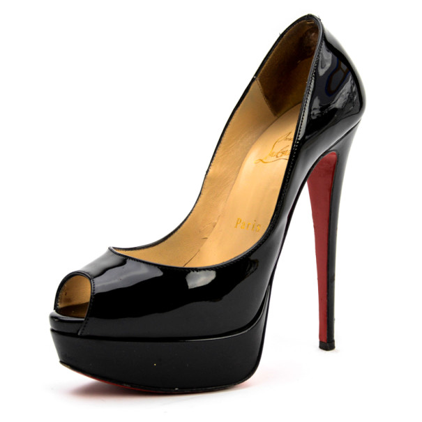Pre Owned Christian Louboutin Black Patent Leather 'Lady Peep' Toe Platform Pumps Size 37