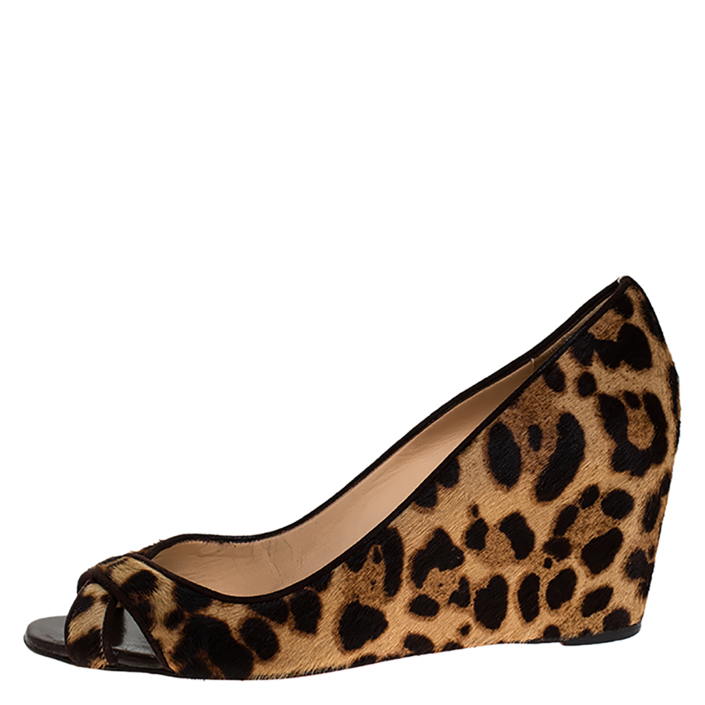 

Christian Louboutin Leopard Print Pony Hair Peep Toe Wedges Size, Brown