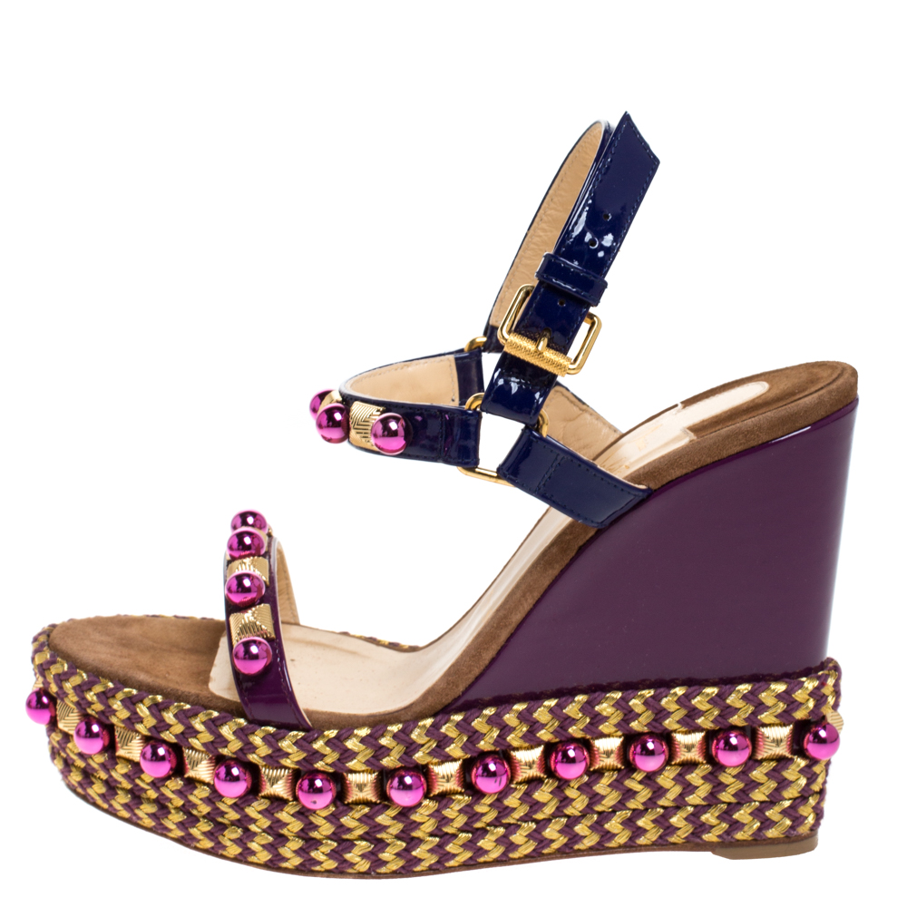 

Christian Louboutin Purple Patent Leather Cataconico Embellished Wedge Platform Ankle Strap Sandals Size