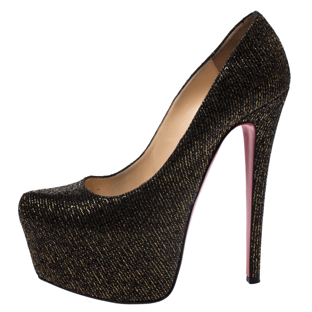 

Christian Louboutin Black/Gold Glitter Fabric Daffodile Platform Pumps Size