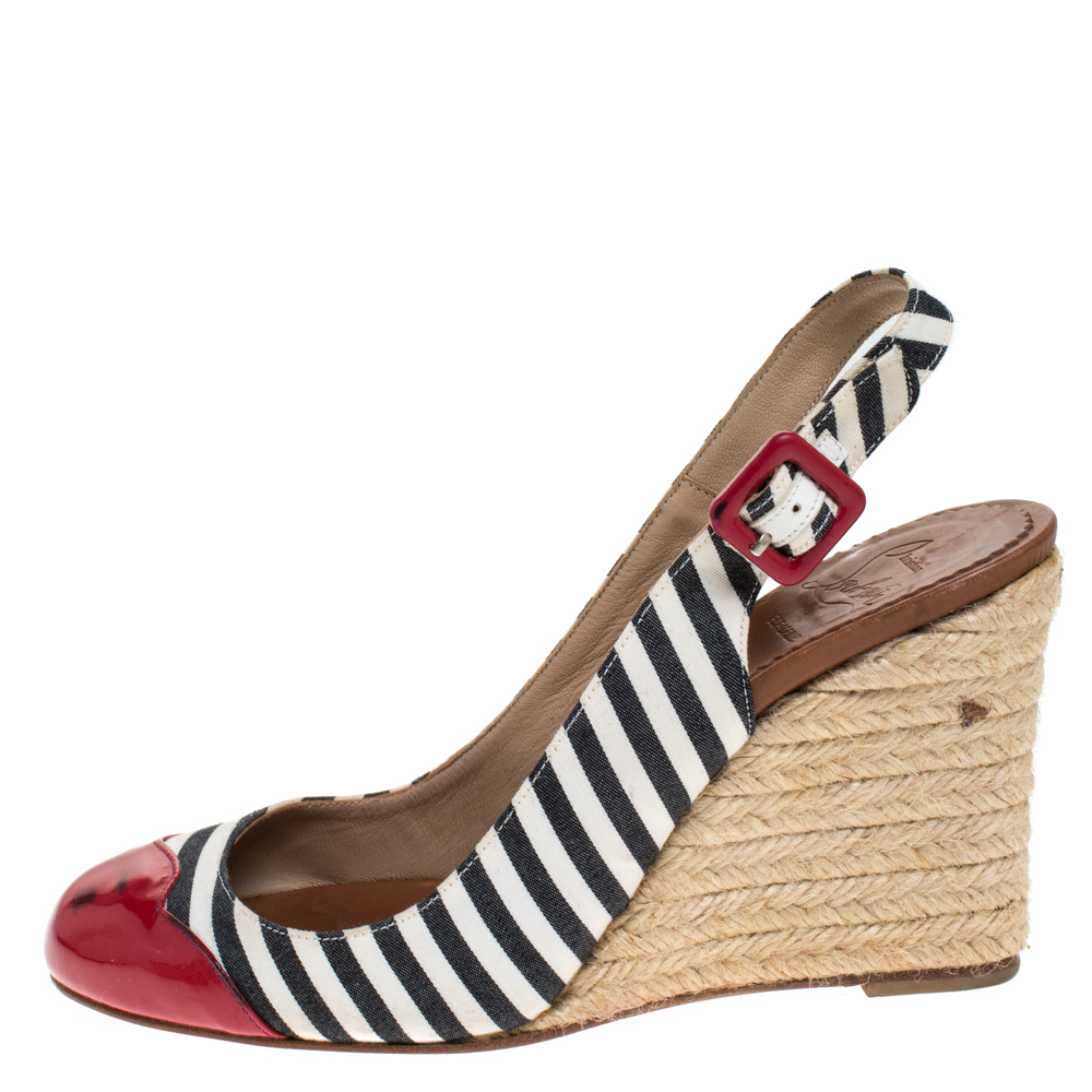 

Christian Louboutin Black/White Striped Canvas And Red Patent Leather Chus Espadrille Wedges Slingback Sandals Size