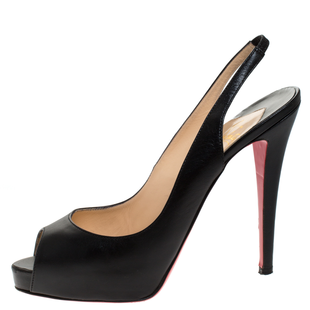 

Christian Louboutin Black Leather Private Number Peep Toe Slingback Sandals Size