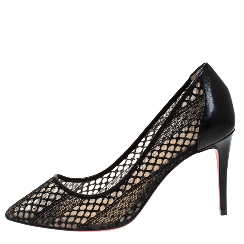 

Christian Louboutin Black Lace and Leather Follies Pointed Toe Pumps Size