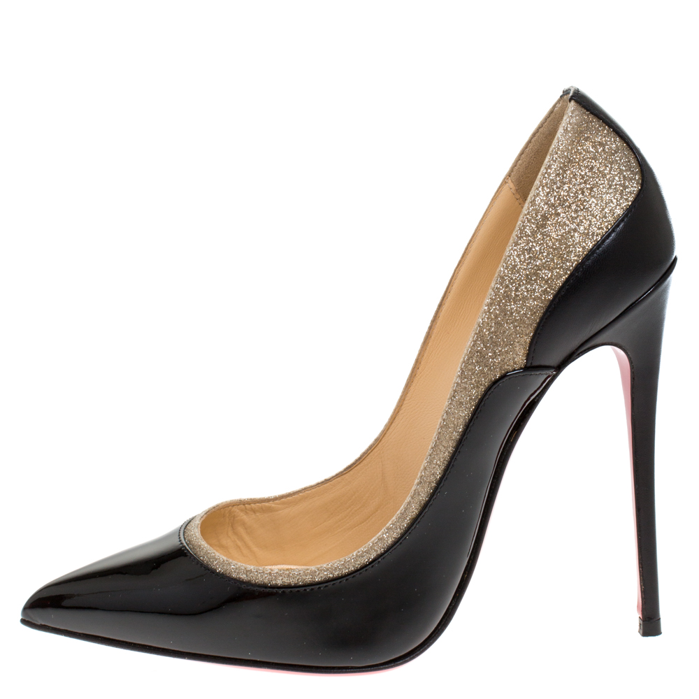 

Christian Louboutin Black/Beige Glitter and Patent Leather Tucsick Pumps Size