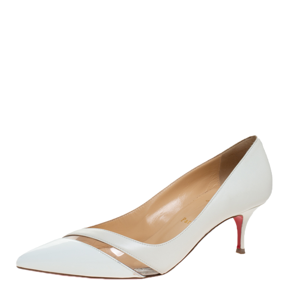 Pre Owned Christian Louboutin White Leather And PVC Trim 17th Floor Pointed Toe Pumps Size 38.5