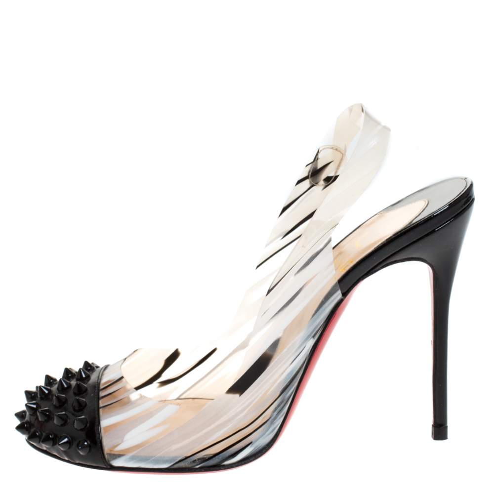 

Christian Louboutin Black/White Patent Leather And PVC Epoca Sandals Size