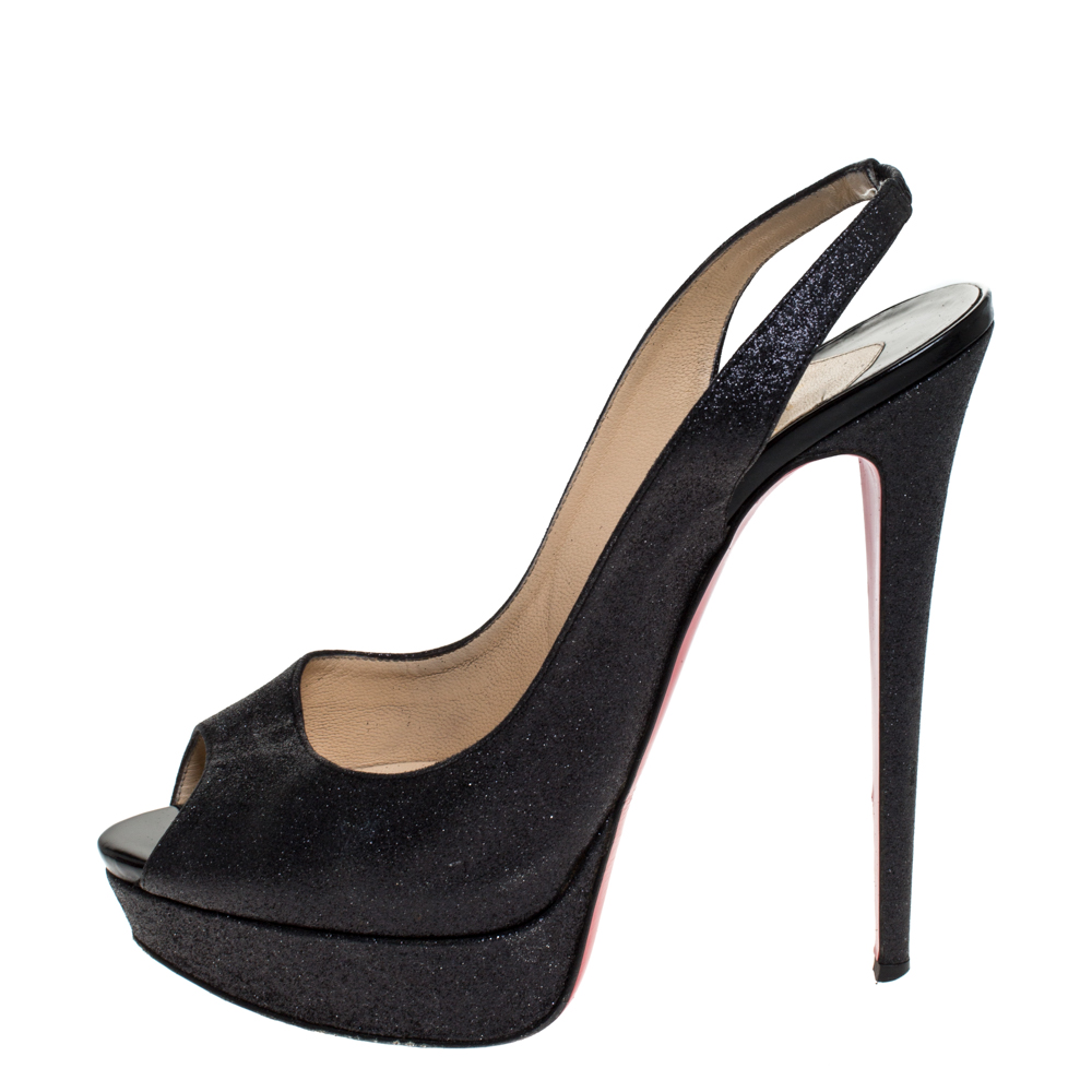 

Christian Louboutin Black Glitter Fabric Lady Peep Toe Platform Slingback Sandals Size