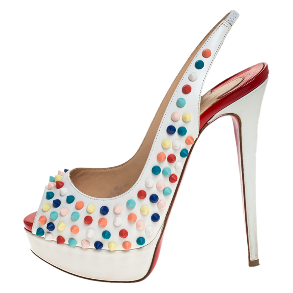 

Christian Louboutin White Leather Lady Peep Multicolor Spikes Slingback Sandals Size