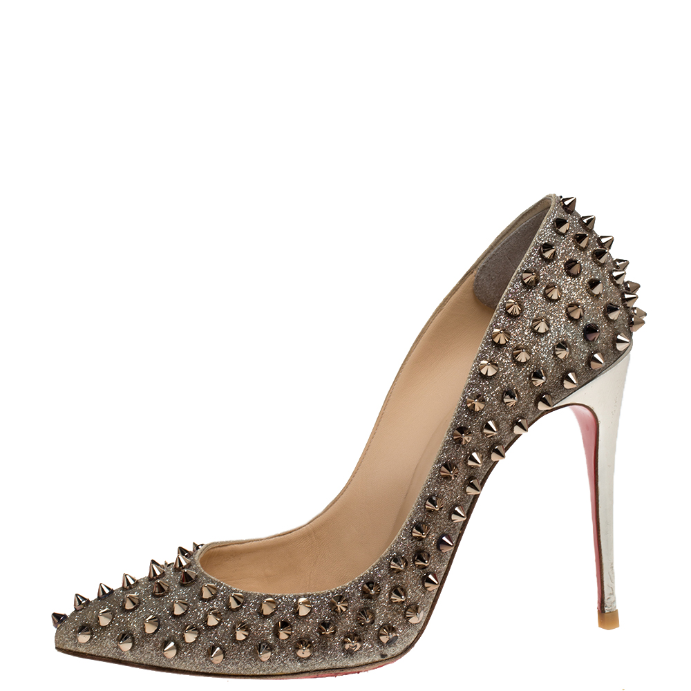 

Christian Louboutin Gold Glittered Leather Follies Spikes Pointed Toe Pumps Size