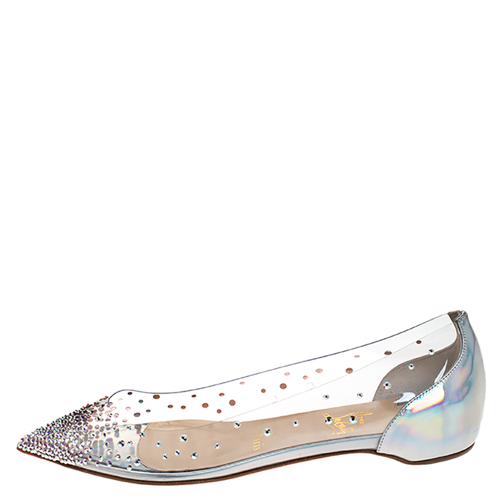 

Christian Louboutin Metallic Silver Leather And PVC Degrastrass Pointed Toe Ballet Flats Size