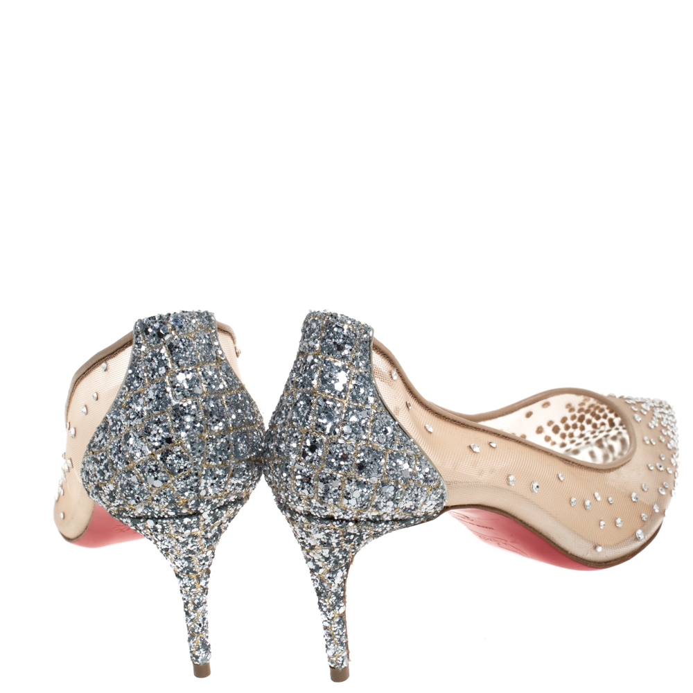 Christian Louboutin Silver Coarse Glitter Fabric And Mesh Follies Strass  Embellished Pointed Toe Pumps Size 36.5 Christian Louboutin | The Luxury