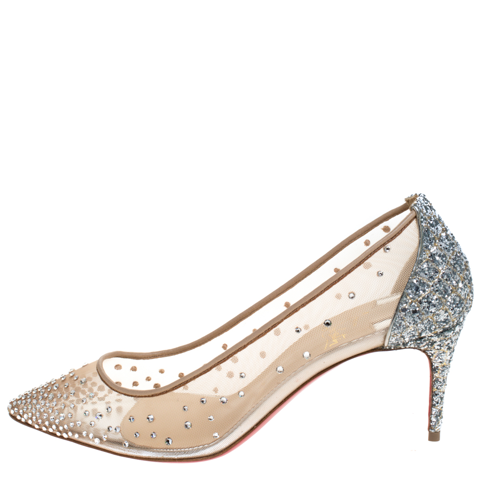 

Christian Louboutin Silver Coarse Glitter Fabric And Mesh Follies Strass Embellished Pointed Toe Pumps Size, Beige
