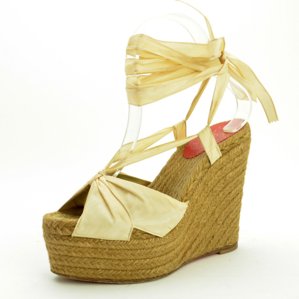 Pre Owned Christian Louboutin Oyster Moire 'Moirismo' Ankle-Tie Espadrilles Size 38