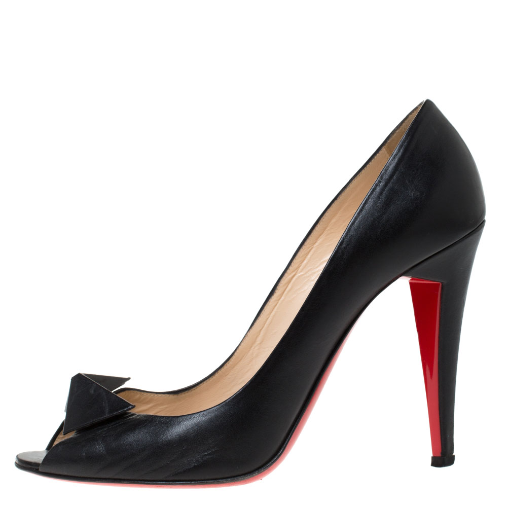 

Christian Louboutin Black Leather Bow Peep Toe Pumps Size