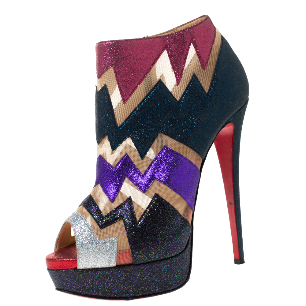 مملوكة مسبقًا Christian Louboutin Mutlicolor Glitter Ziggy Peep Toe Ankle Booties Size 39