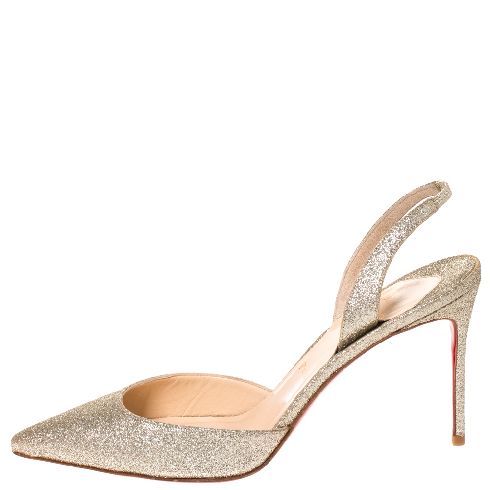 

Christian Louboutin Gold Leather Ever Glitter Halter Pointed Toe Slingback Sandals Size