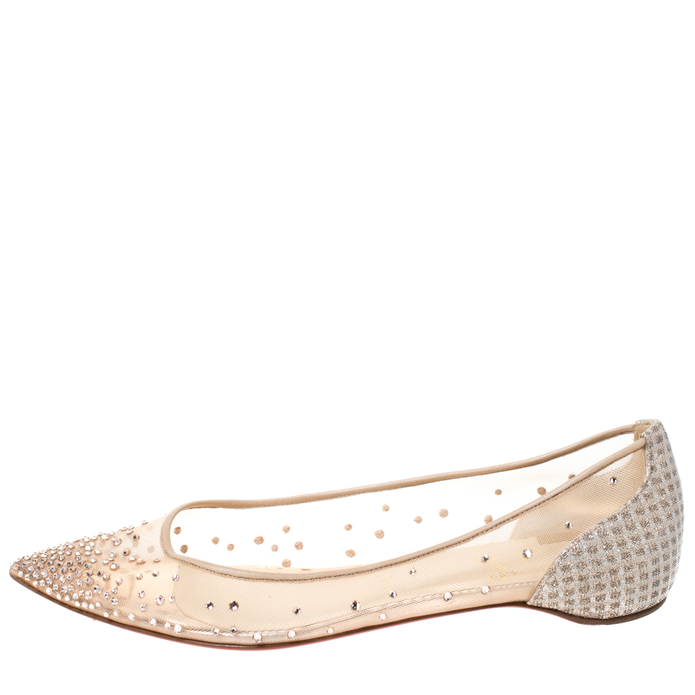 

Christian Louboutin Nude Beige Mesh and Lame Fabric Degrastrass Pointed Toe Flats Size