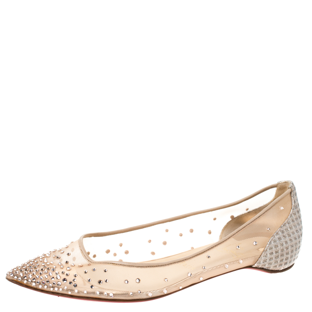 Christian Louboutin Nude Beige Mesh and Lame Fabric Degrastrass Pointed Toe Flats Size 39