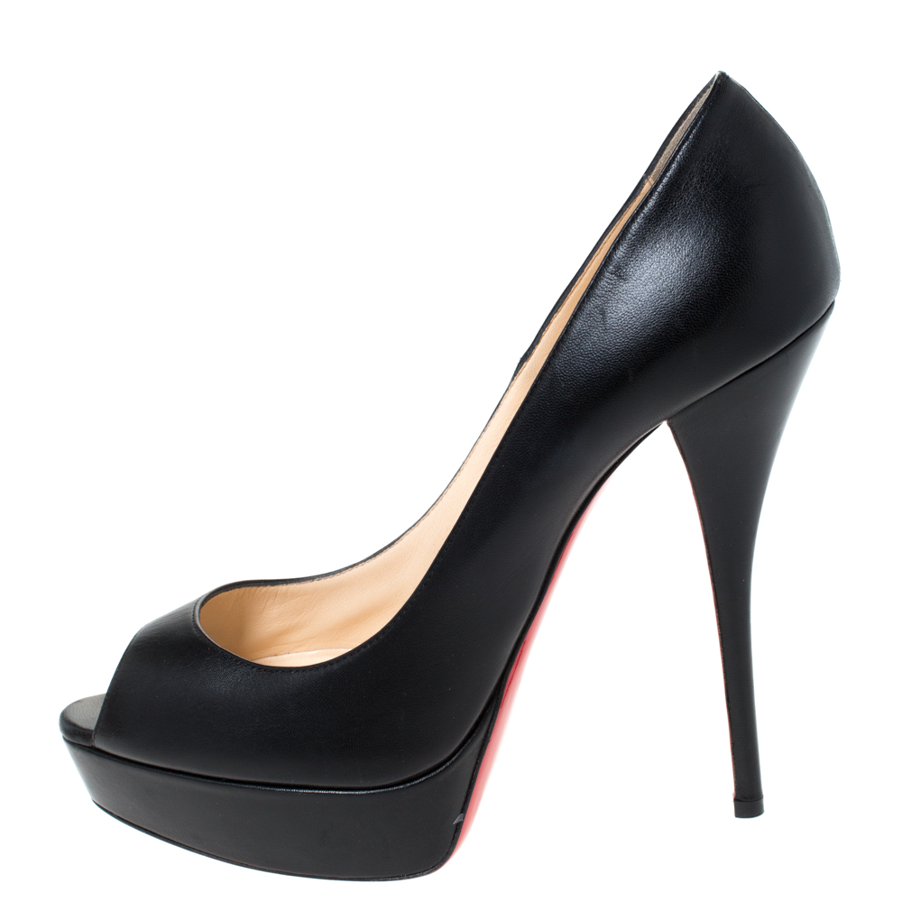 

Christian Louboutin Black Leather Lady Peep Toe Platform Pumps Size