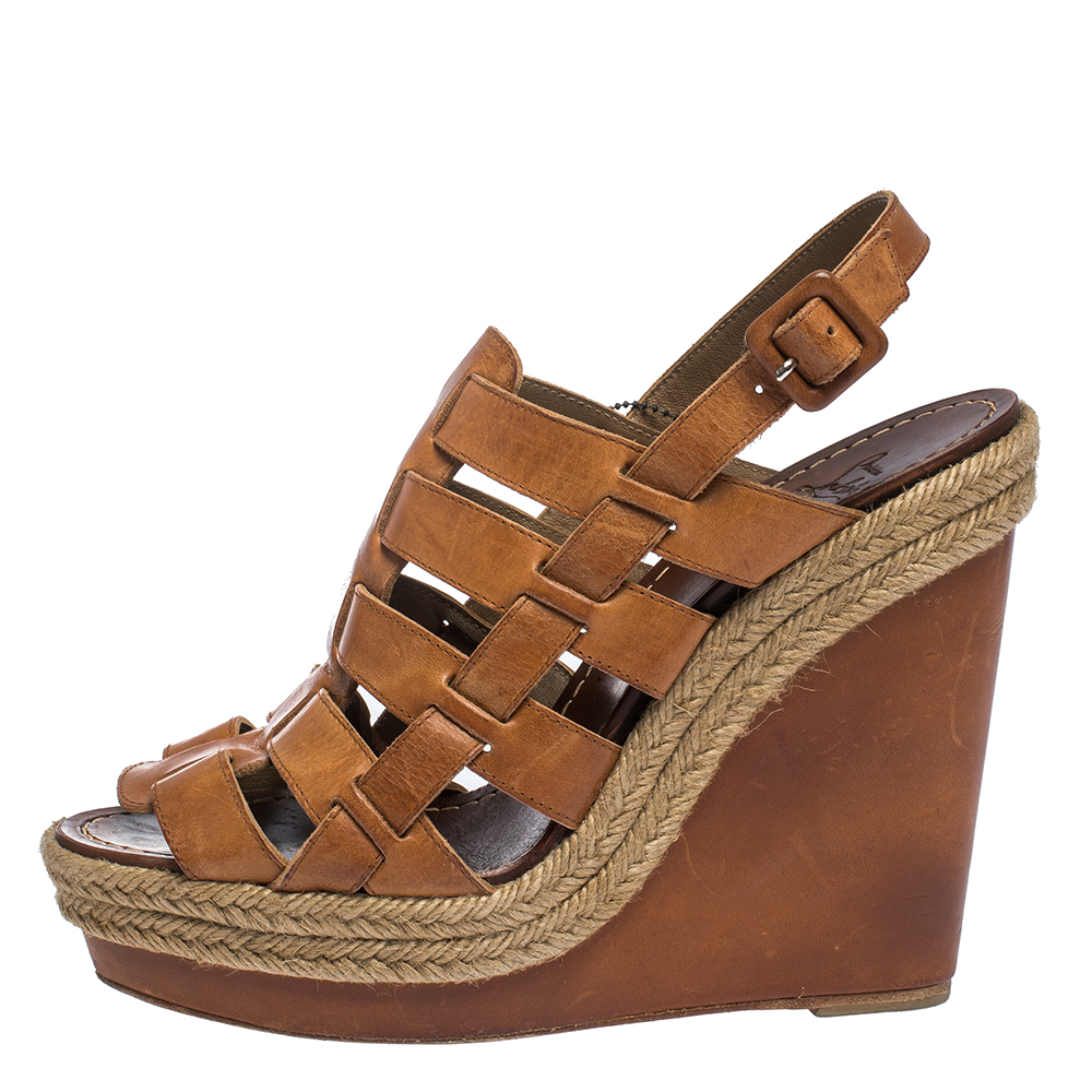 

Christian Louboutin Brown Leather Caged Espadrille Wedge Sandals Size