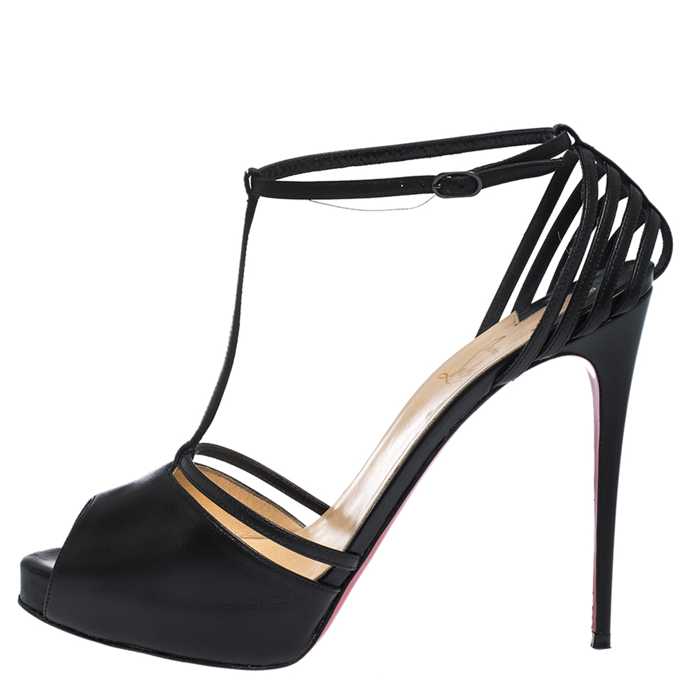 

Christian Louboutin Black Leather T-Strap Patitta Platform Sandals Size