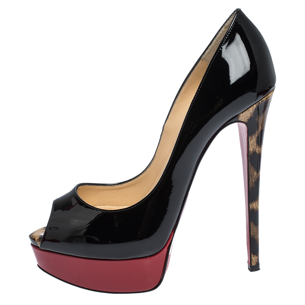 

Christian Louboutin Black/Red/Leopard Print Patent Leather Lady Peep Toe Platform Pumps Size