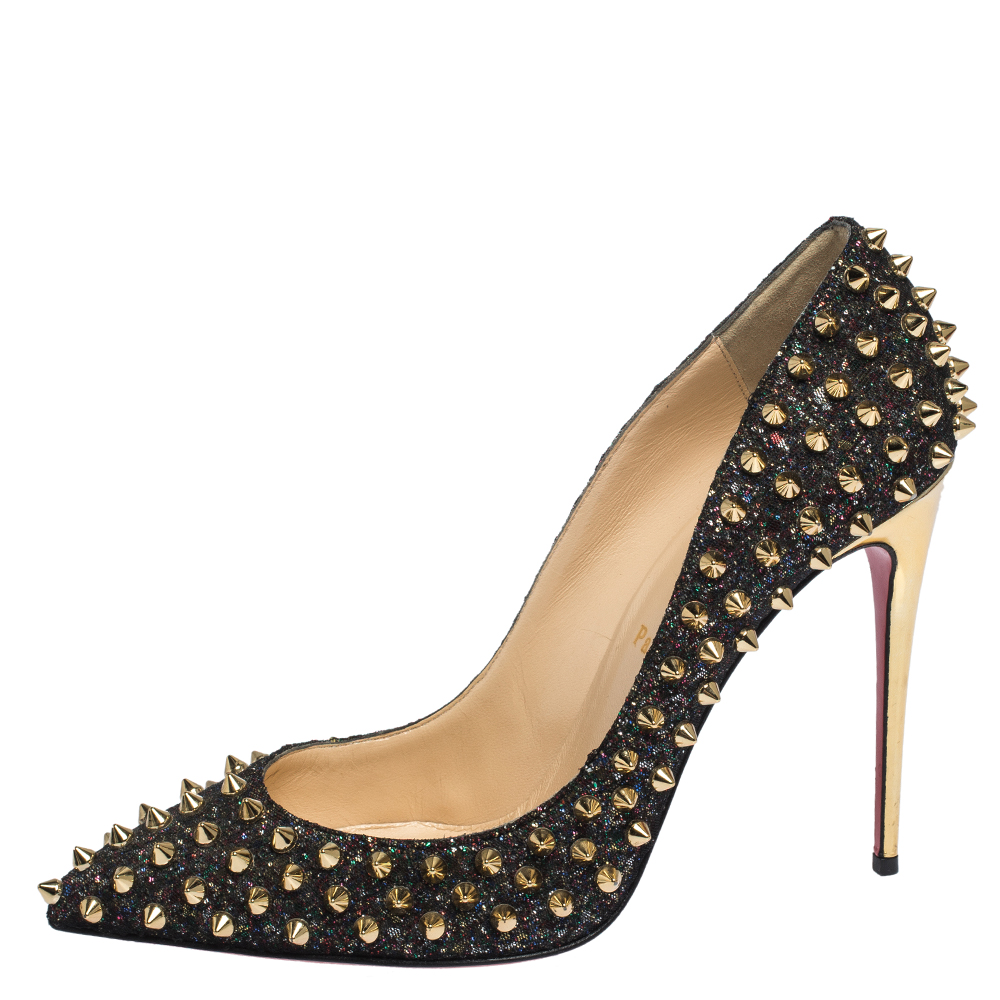 

Christian Louboutin Black Mesh And Glitter Fabric Follies Spikes Pumps Size