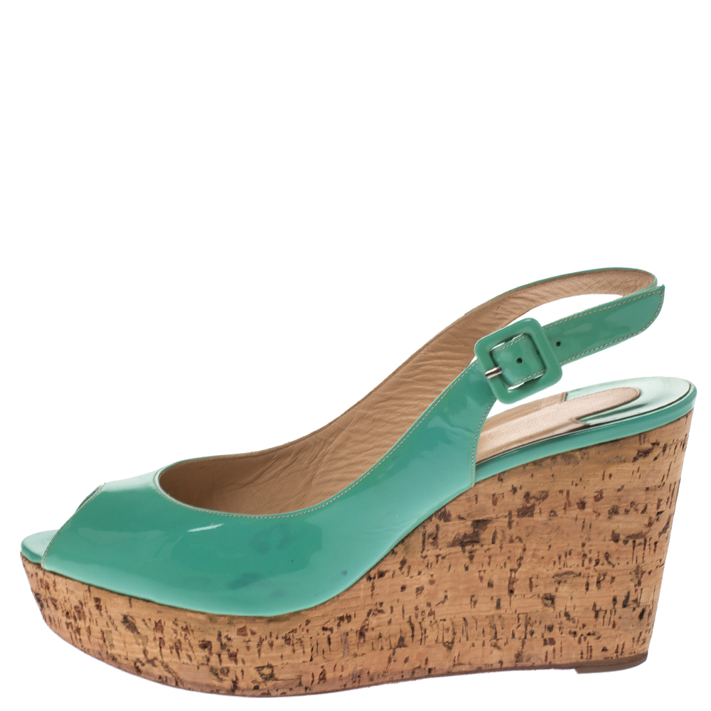 

Christian Louboutin Mint Green Patent Leather Cork Wedges Slingback Sandals Size