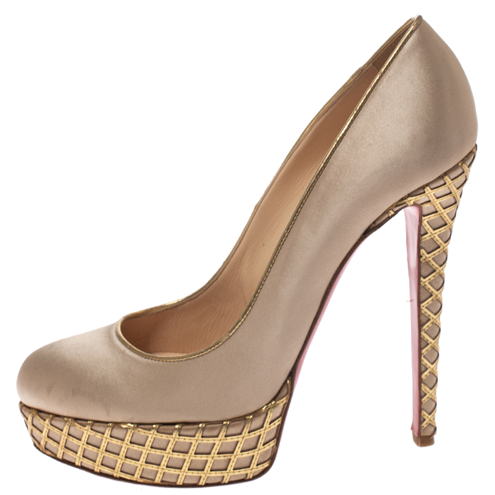 

Christian Louboutin Beige Satin And Leather Cut Out Detail Bianca Platform Pumps Size