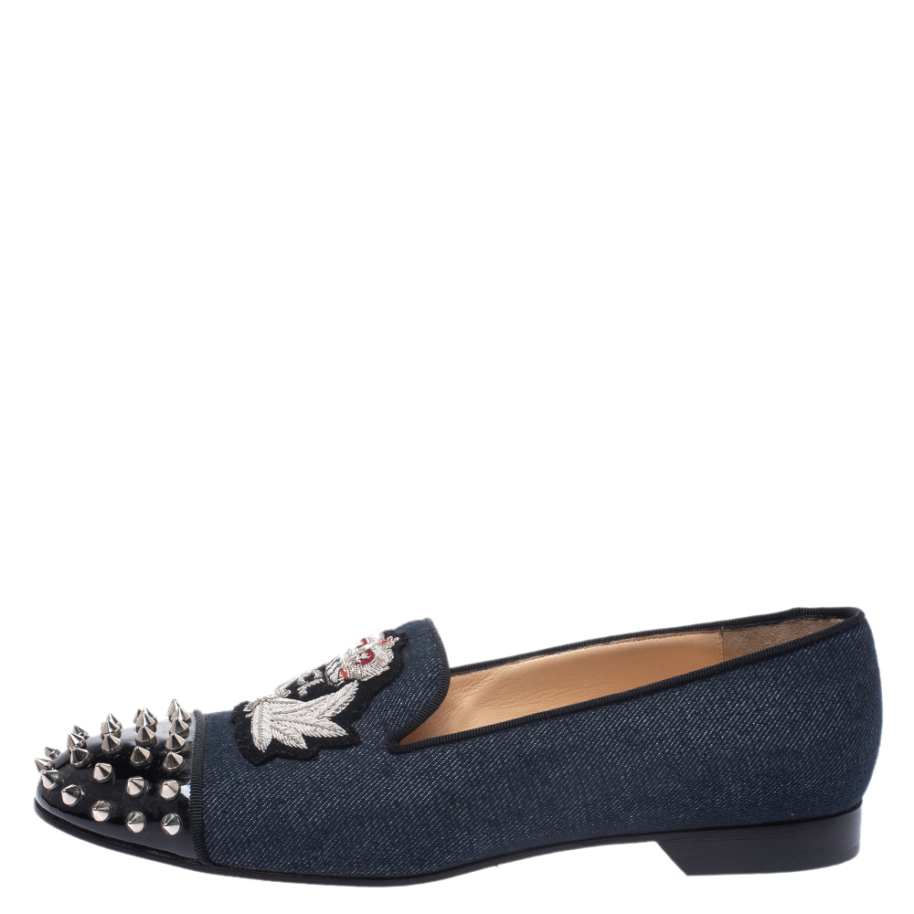 

Christian Louboutin Blue/Black Denim And Patent Spiked Cap Toe Harvanana Smoking Slippers Size