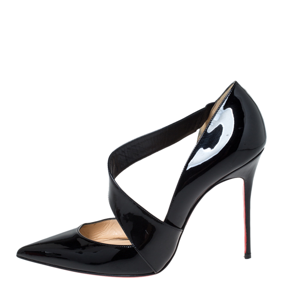 

Christian Louboutin Patent Leather D'Orsay Cross Strap Pointed Toe Pumps Size, Black