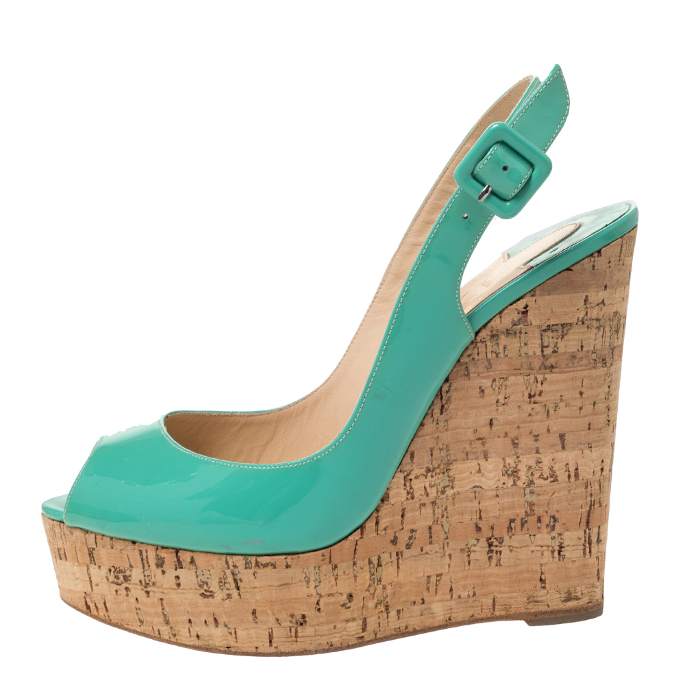 

Christian Louboutin Florescent Green Patent Leather Une Plume Peep Toe Slingback Cork Wedges Size