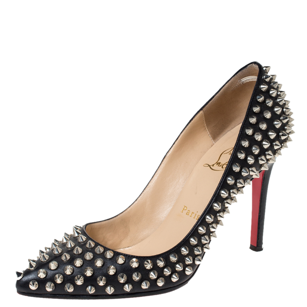 Christian Louboutin Black Leather Pigalle Spiked Pointed Toe Pumps Size ...