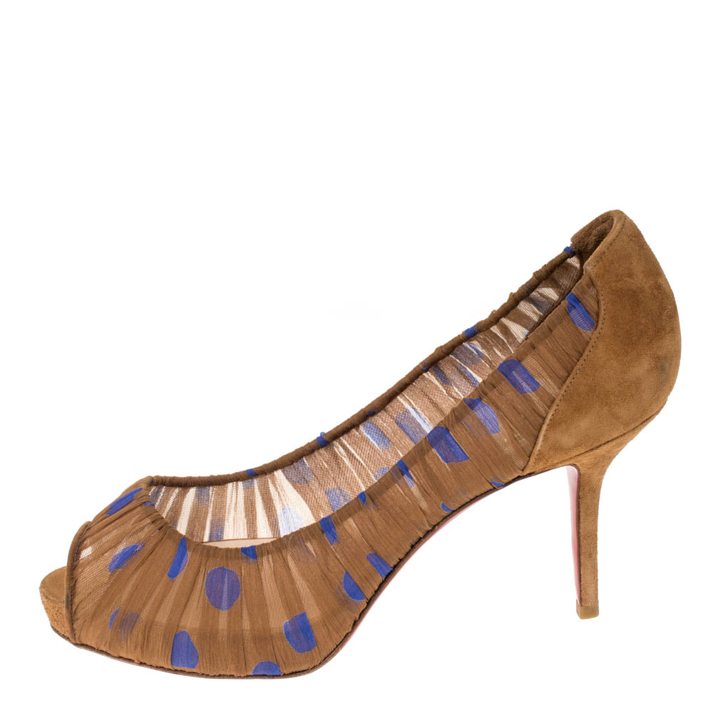 

Christian Louboutin Brown/Blue Suede And Chiffon Ambrosina Peep Toe Pumps Size