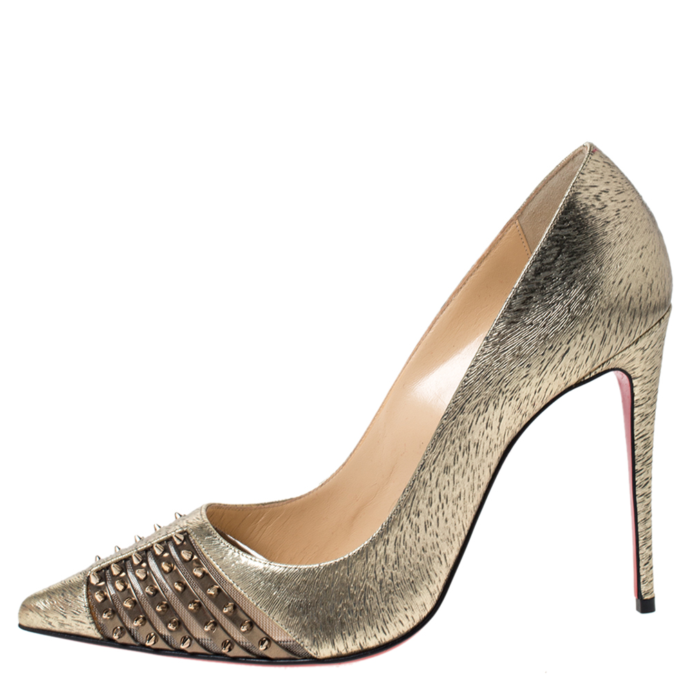 

Christian Louboutin Gold Textured Leather Spiked Bareta Pumps Size