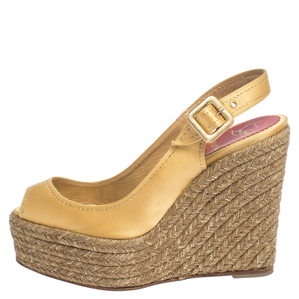 

Christian Louboutin Gold Satin Menorca Espadrille Wedge Sandals Size