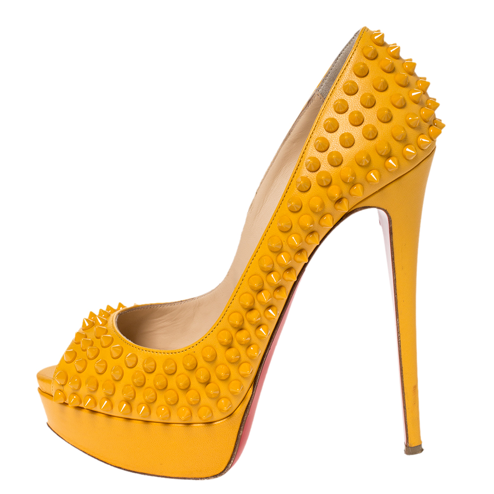 

Christian Louboutin Yellow Leather Spikes Lady Peep Platform Pumps Size