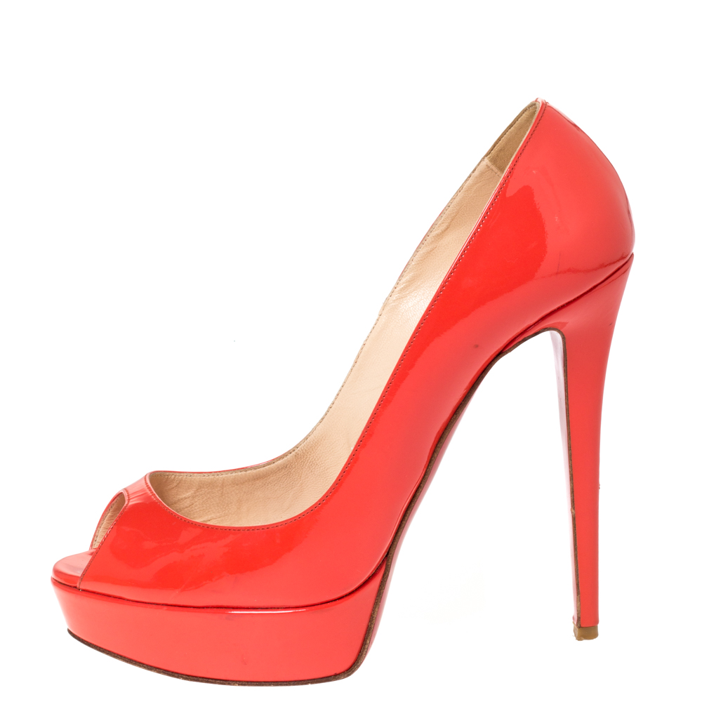 

Christian Louboutin Orange Patent Leather Lady Peep Toe Platform Pumps Size