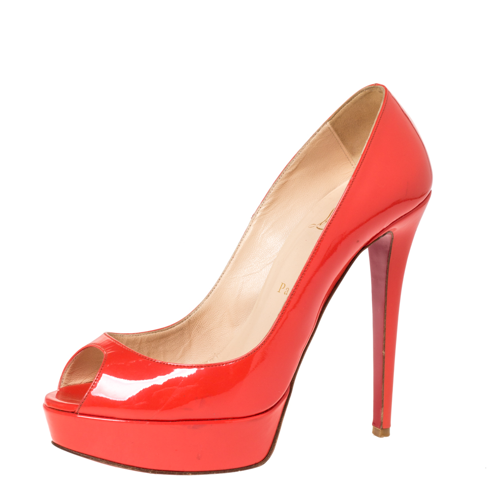 Christian Louboutin Orange Patent Leather Lady Peep Toe Platform Pumps ...