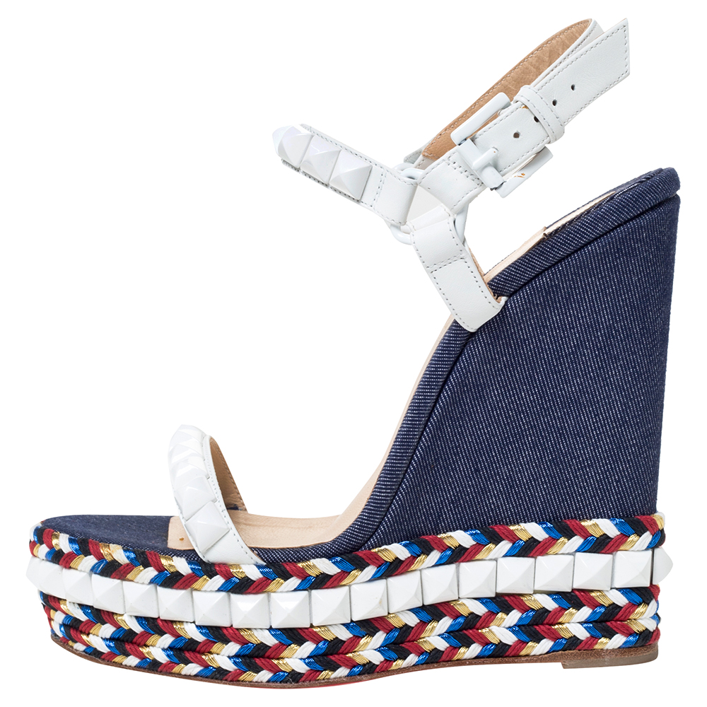 

Christian Louboutin White Leather Cataclou Denim Wedge Platform Ankle Strap Sandals Size