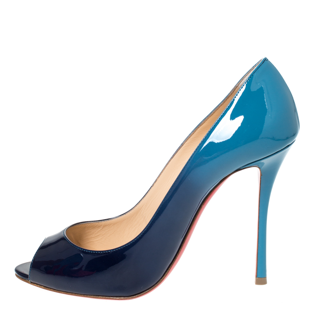 

Christian Louboutin Two Tone Patent Leather Yootish Peep Toe Pumps Size, Blue