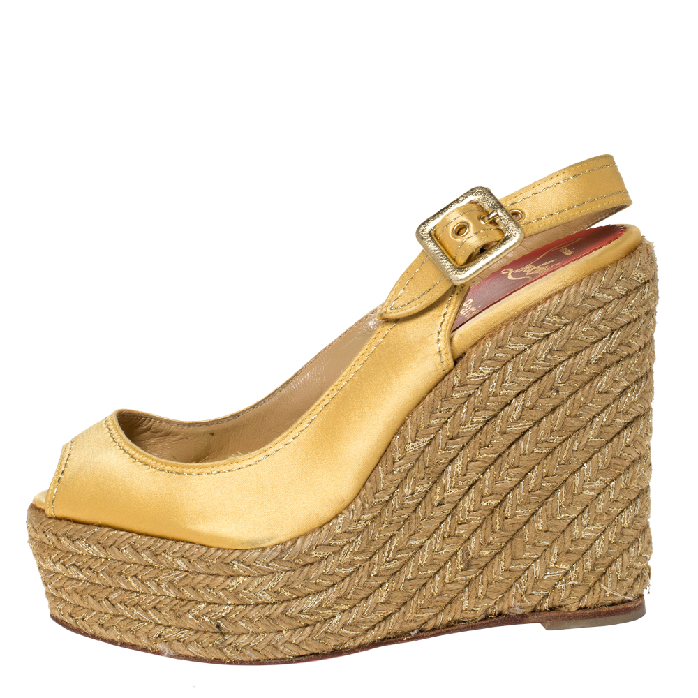 

Christian Louboutin Gold Satin Menorca Espadrille Wedge Sandals Size