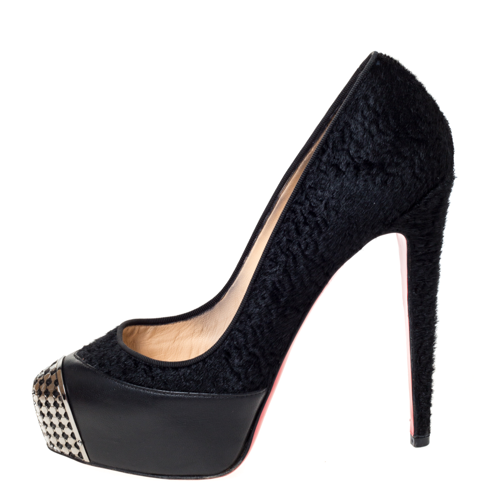 

Christian Louboutin Black Calf Hair and Leather Maggie Embellished Cap Toe Platform Pumps Size