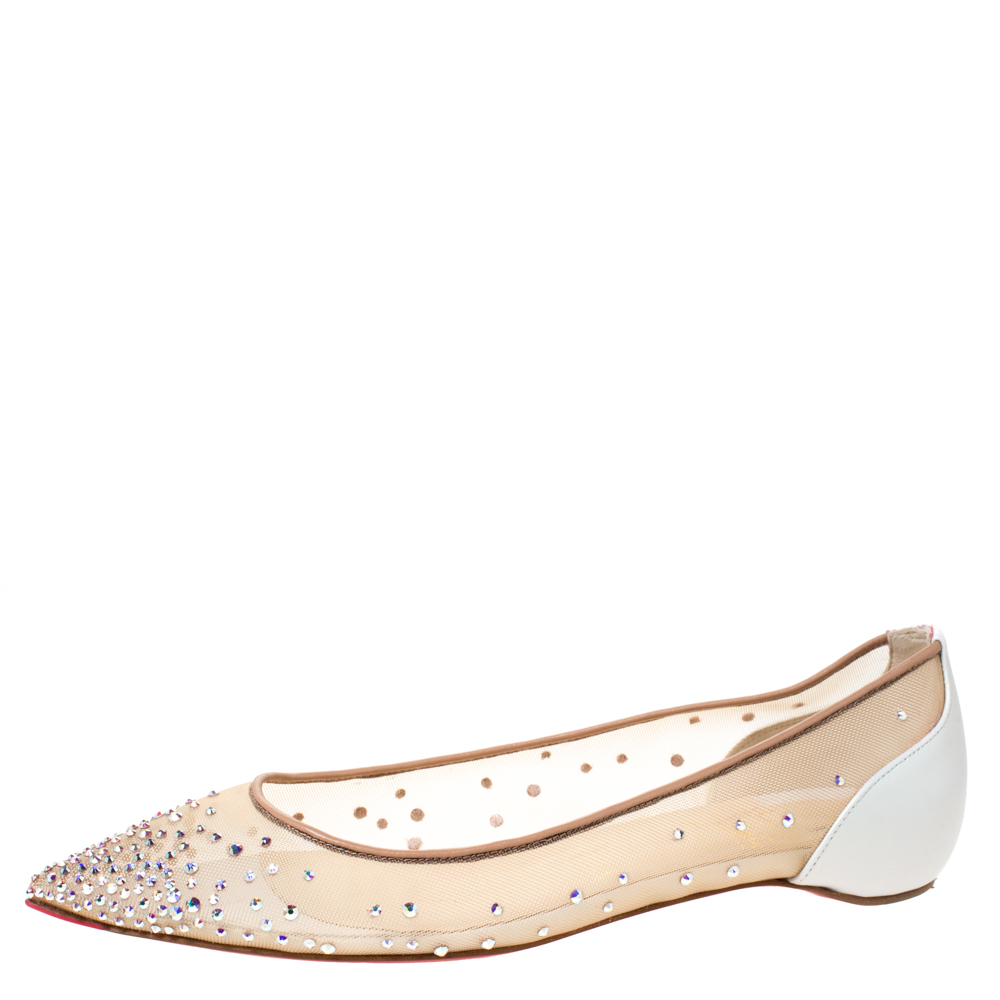حذاء باليرينا فلات كريستيان ستراس جلد أبيض و شبك مقاس 38.5