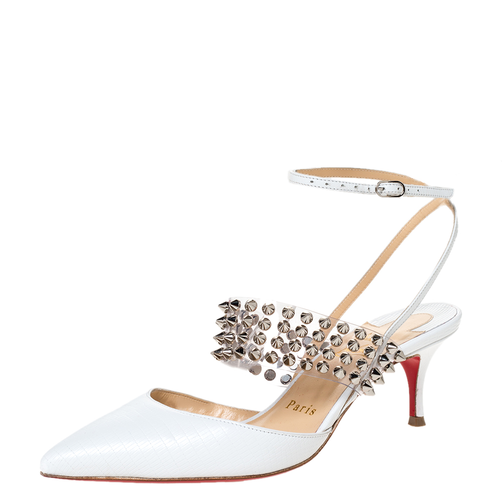 Christian Louboutin White Lizard Embossed Leather and PVC Levita 55 Studded Ankle Wrap Sandals Size 36