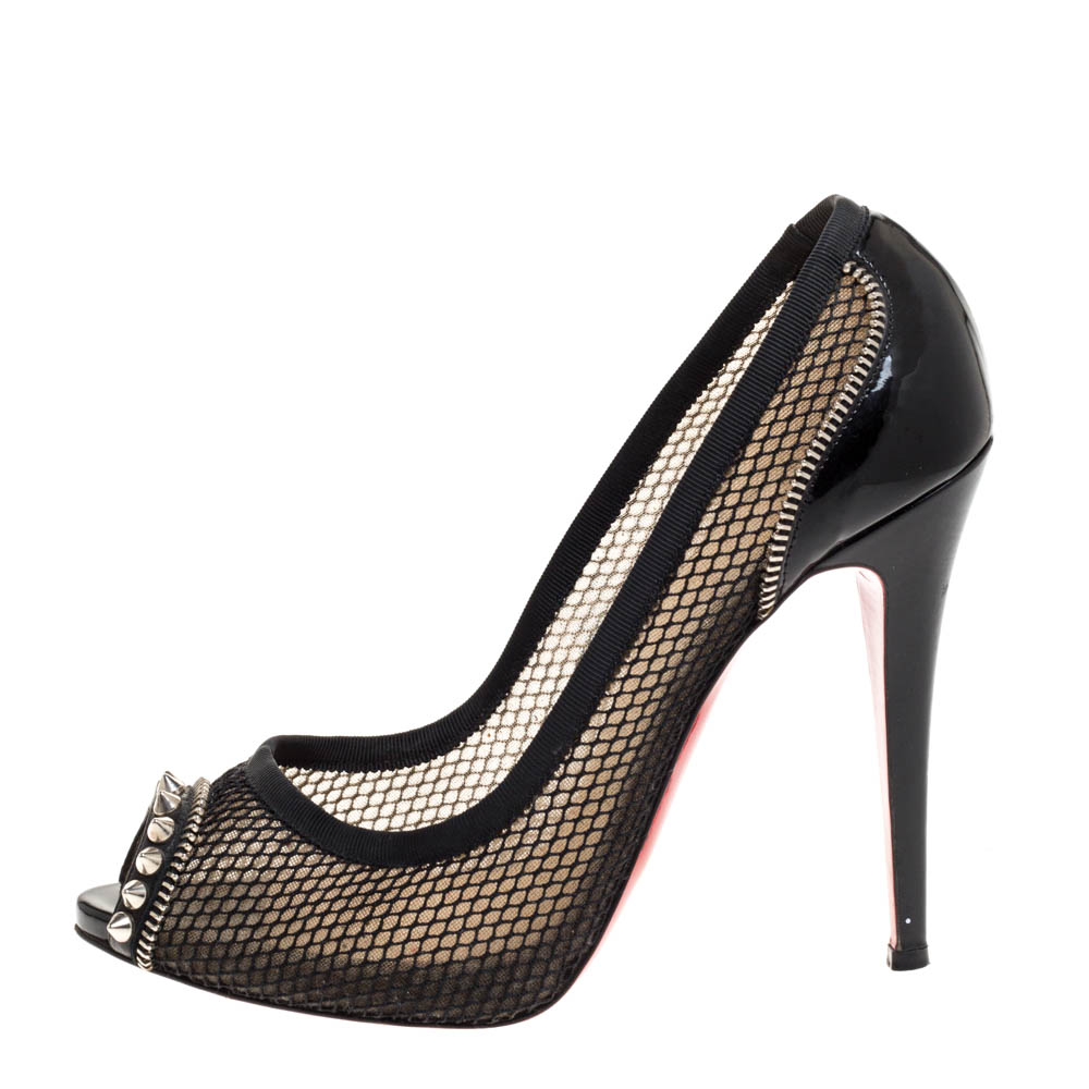 

Christian Louboutin Black Mesh And Patent Leather Spiked Shawnita Peep Toe Pumps Size
