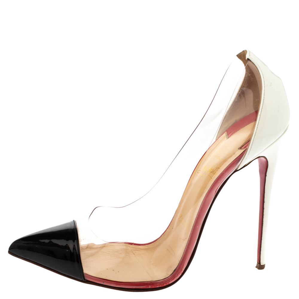 

Christian Louboutin White/Black Patent Leather and PVC Debout Pointed Toe Pumps Size
